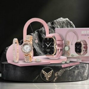 A58 Plus Full Luxury Women's Combo Set: Gold Stone-Studded Smartwatch & Analog Watch with Complete Matching Jewelry Set (Necklace, Earrings, Ring, Bracelet) & Spare Pink Strap