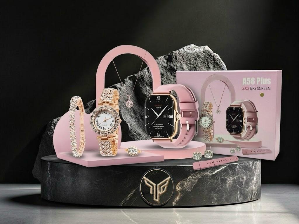 A58 Plus Full Luxury Women's Combo Set: Gold Stone-Studded Smartwatch & Analog Watch with Complete Matching Jewelry Set (Necklace, Earrings, Ring, Bracelet) & Spare Pink Strap