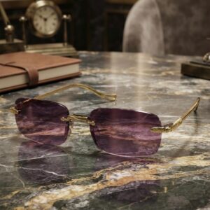 Luxury Purple Tinted Rimless Sunglasses with Golden Temples