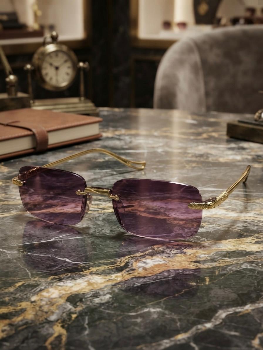 Luxury Purple Tinted Rimless Sunglasses with Golden Temples