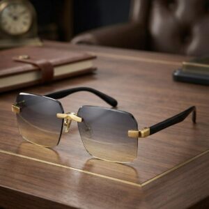 Luxury Gradient Brown & Grey Square Rimless Sunglasses