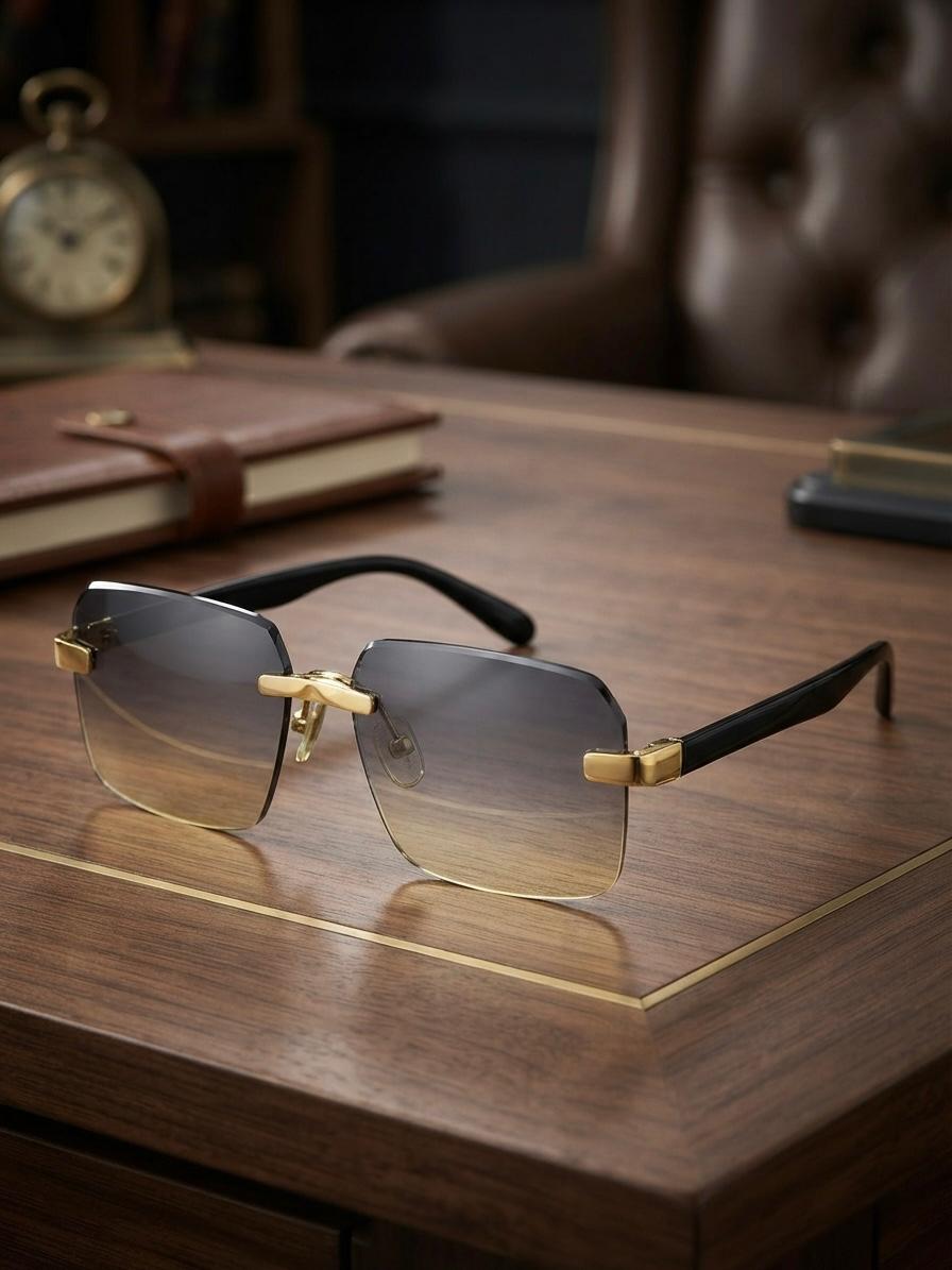 Luxury Gradient Brown & Grey Square Rimless Sunglasses